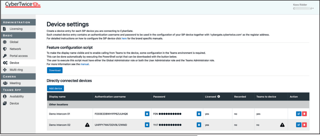 CyberGate Management Portal - Device settings showing warning sign