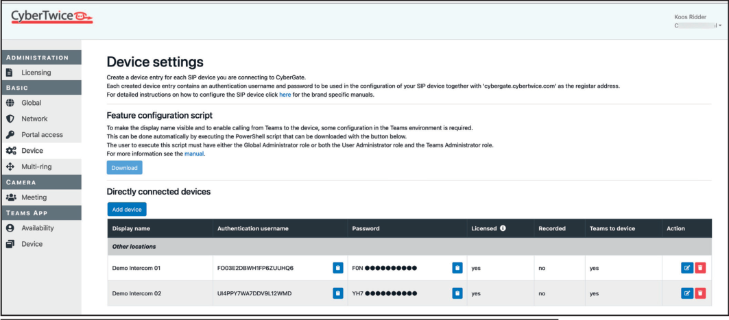 CyberGate Management Portal - Device settings showing successful configuration