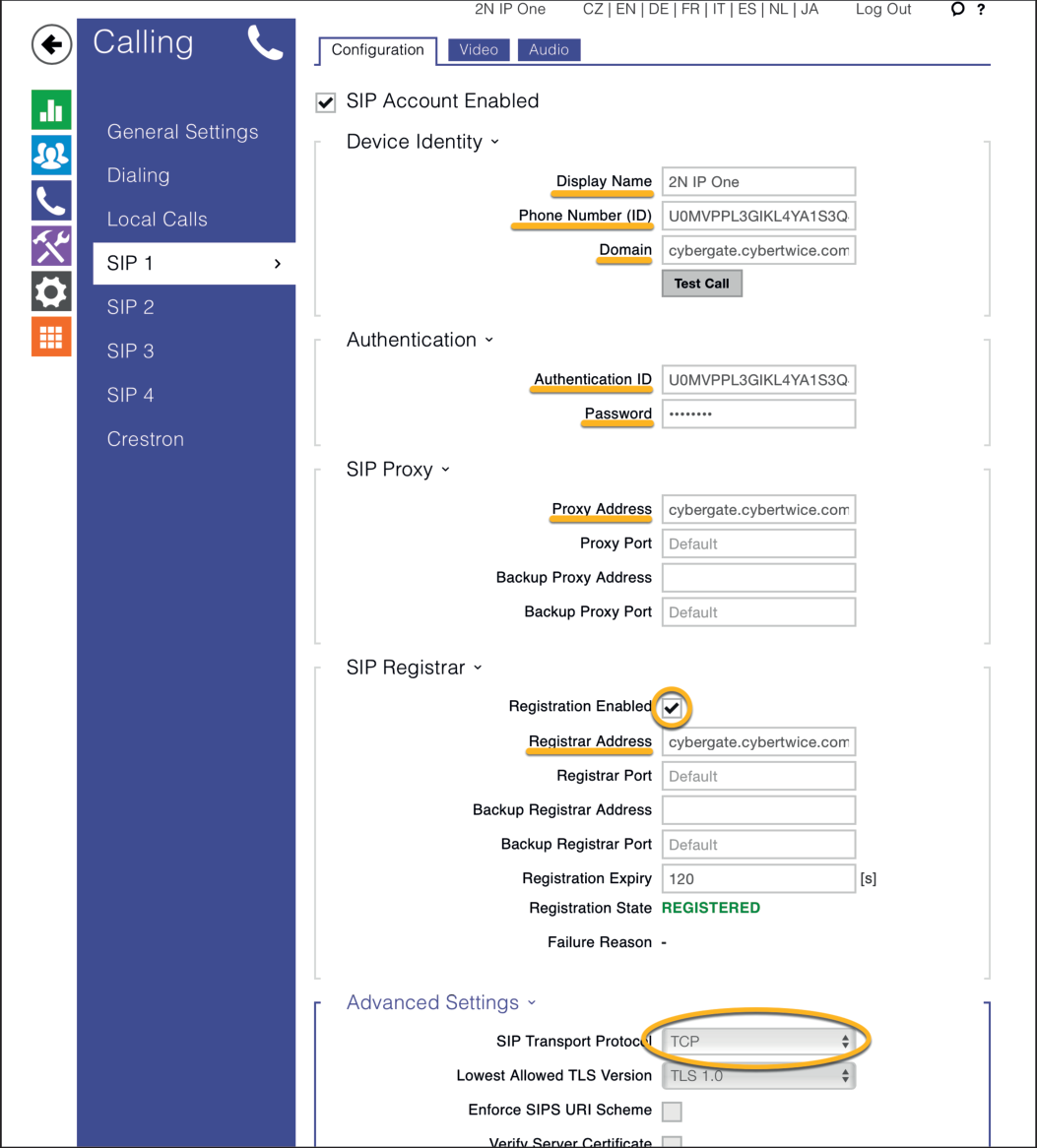 2N SIP Configuration - TCP