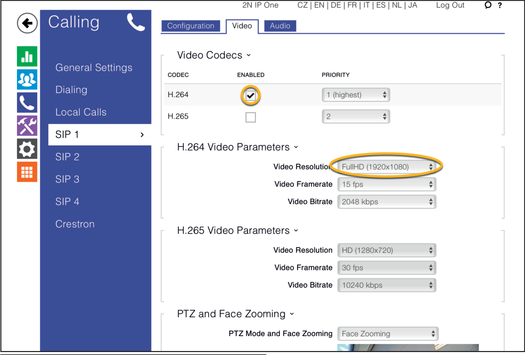 2N Video Configuration Screen