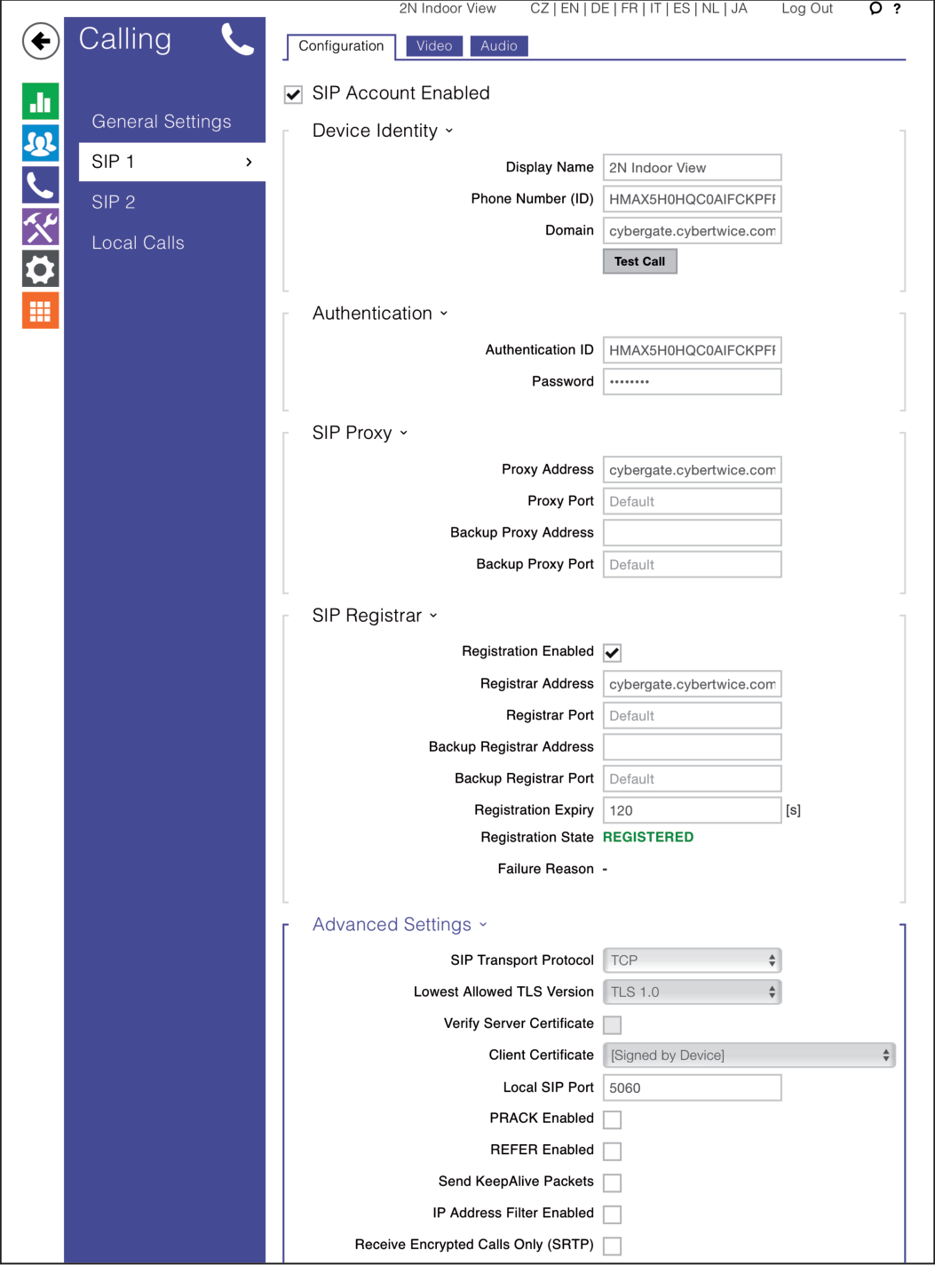 2N SIP Configuration Screen