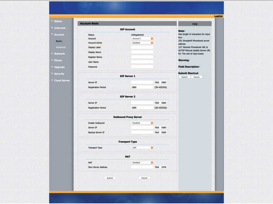 Akuvox Account-Basic Menu