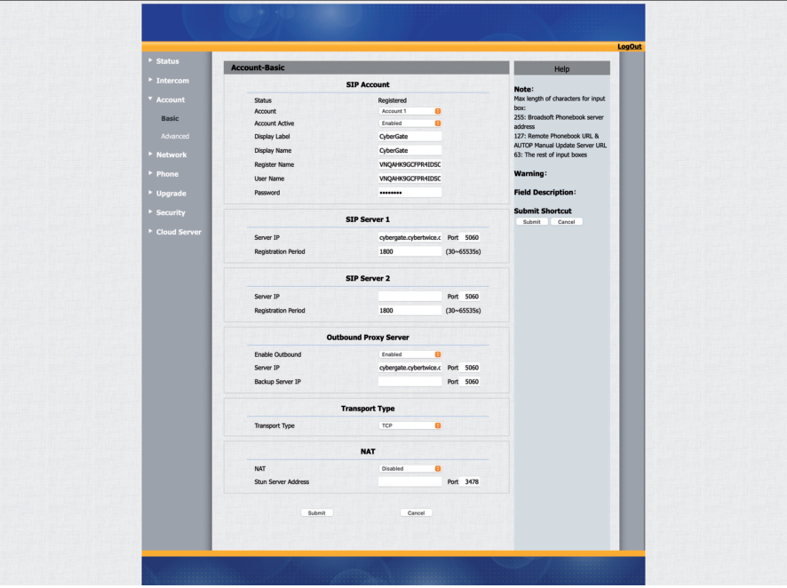 Akuvox SIP Account Configuration