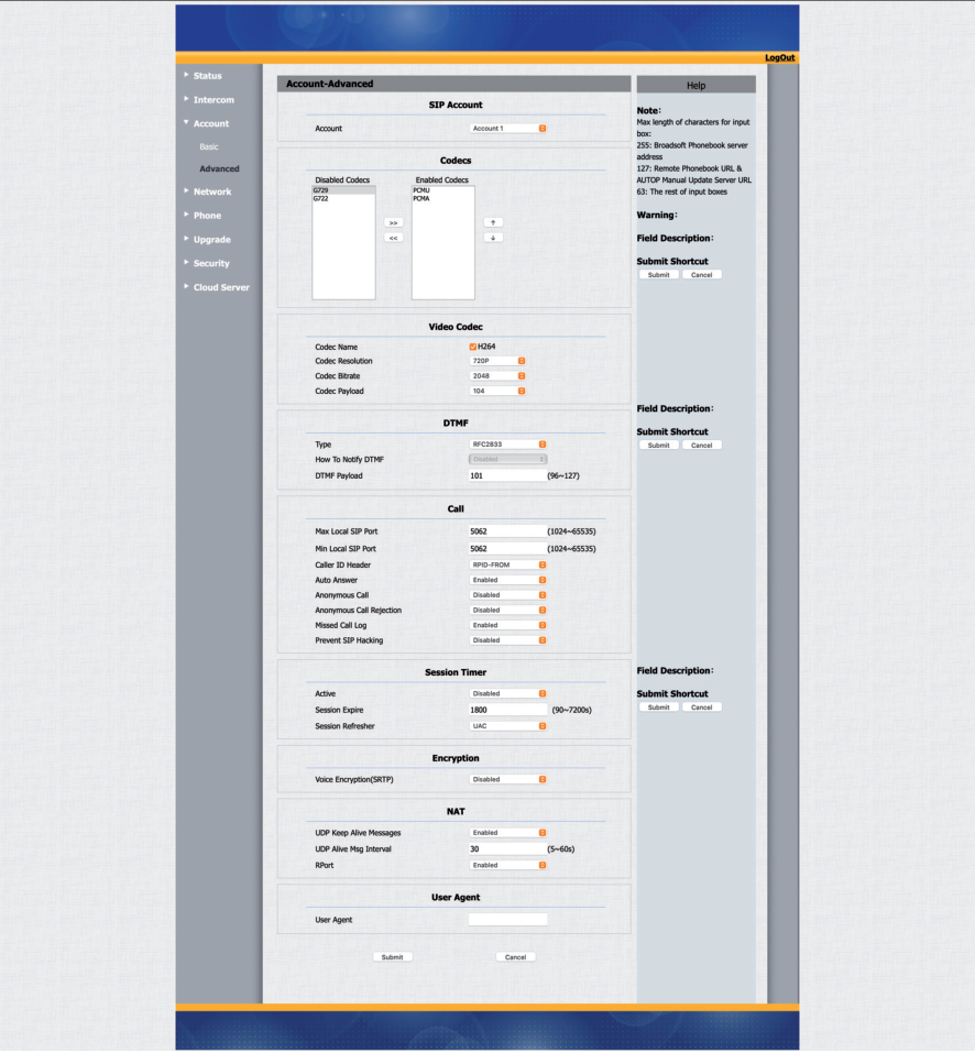 Akuvox Account-Advanced Menu