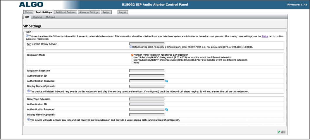 Algo Basic Settings - SIP Menu