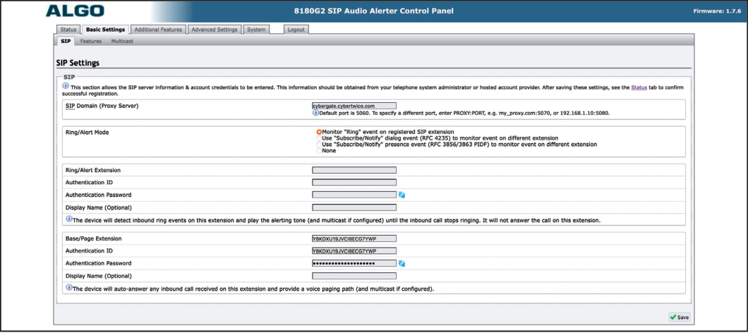 Algo SIP Configuration