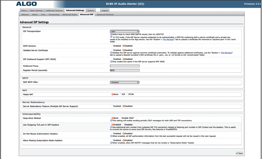 Algo Advanced SIP Settings