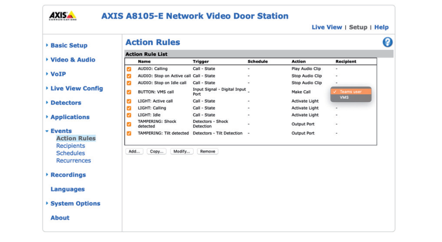 AXIS Action Rules Configuration