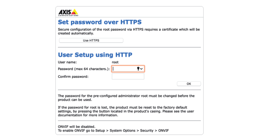 AXIS Password Setup Screen