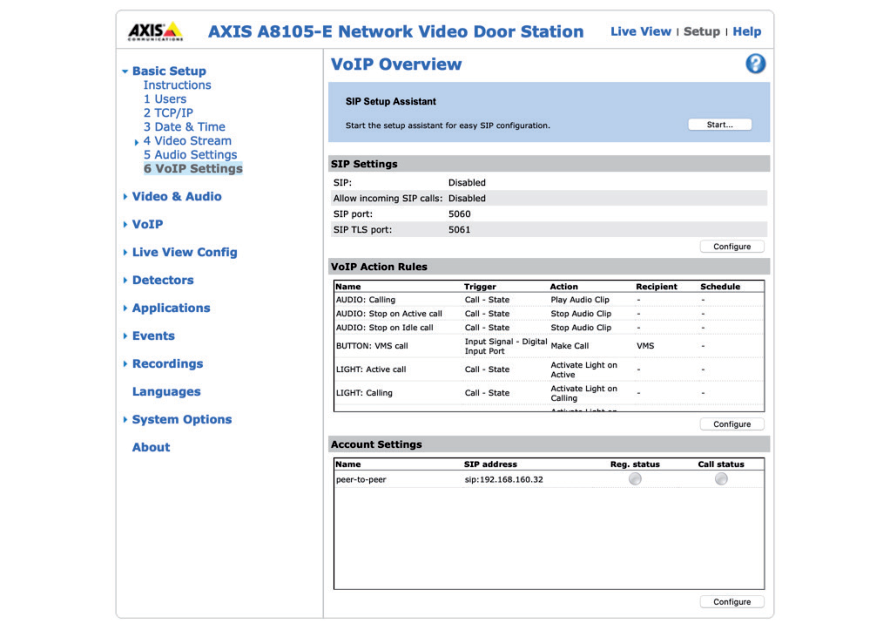 AXIS VoIP Settings Menu