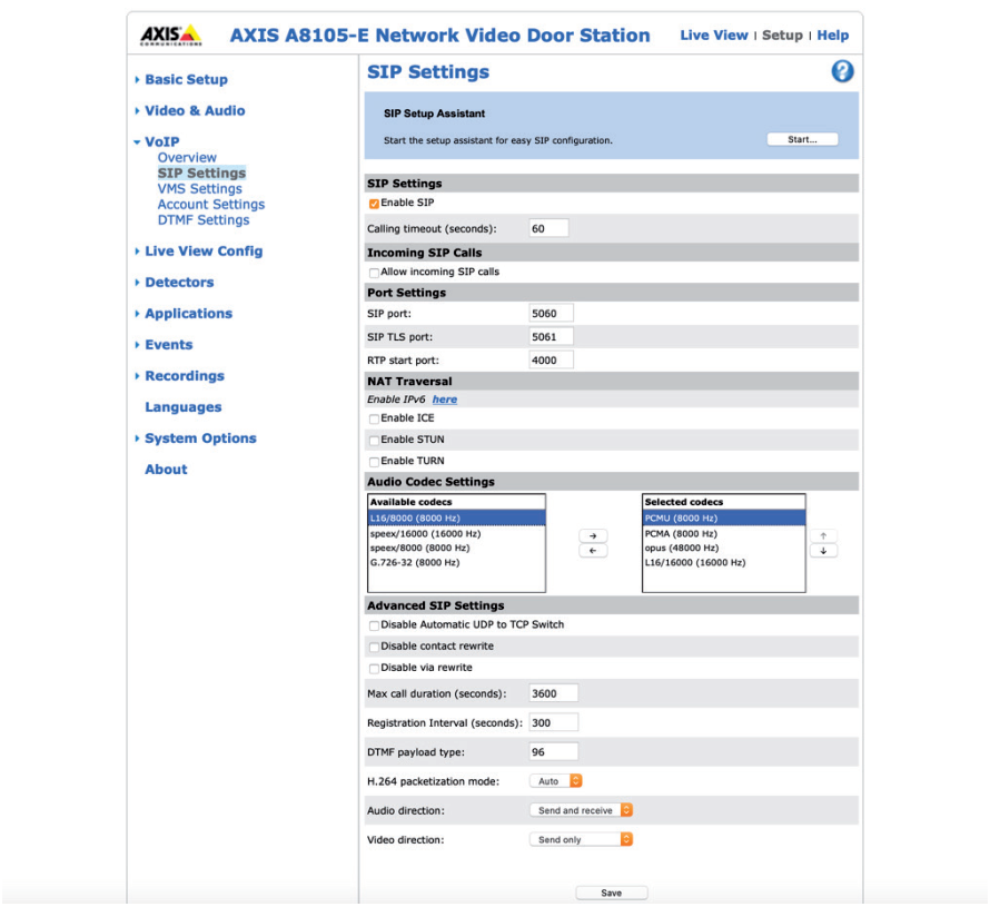 AXIS SIP Settings