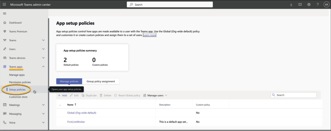 Teams Admin Portal - Setup Policies Menu