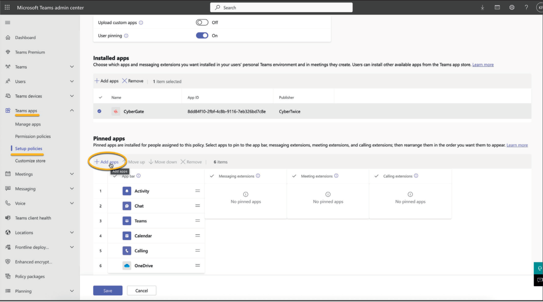 Teams Admin Portal - Add to Pinned Apps