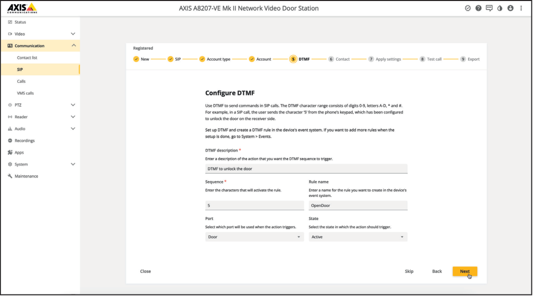 AXIS Configure DTMF