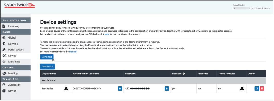 CyberGate Admin Portal - Device Settings