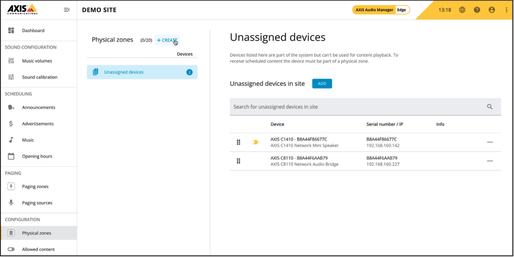 AXIS Audio Manager Edge - Physical Zones