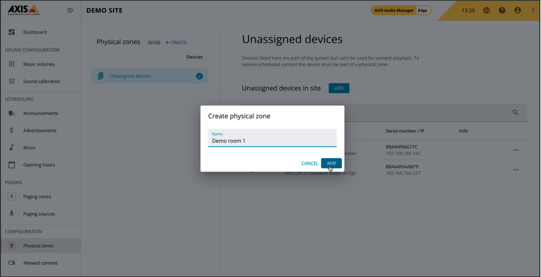AXIS Audio Manager Edge - Name Physical Zone
