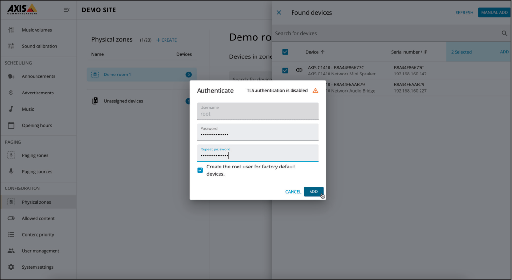 AXIS Audio Manager Edge - Device Passwords