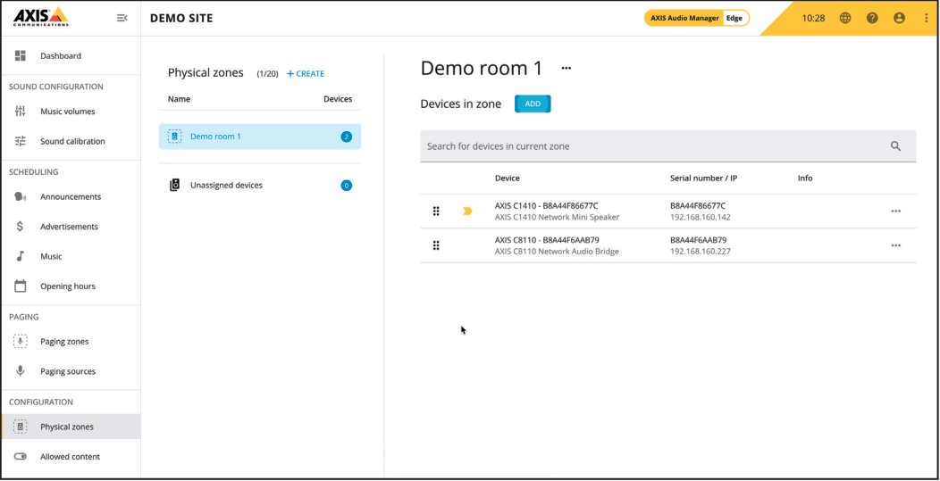 AXIS Audio Manager Edge - Physical Zone Created