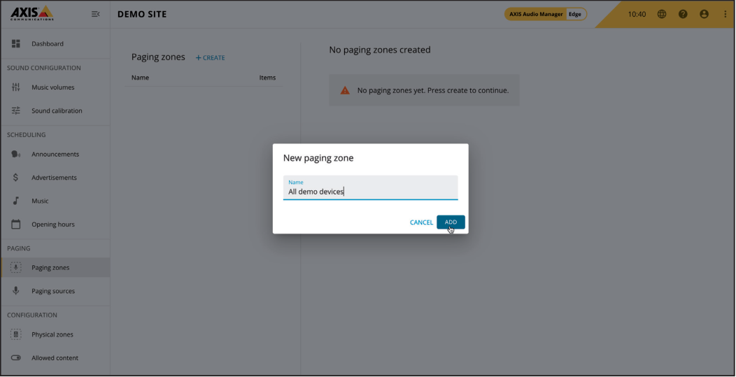 AXIS Audio Manager Edge - Name Paging Zone