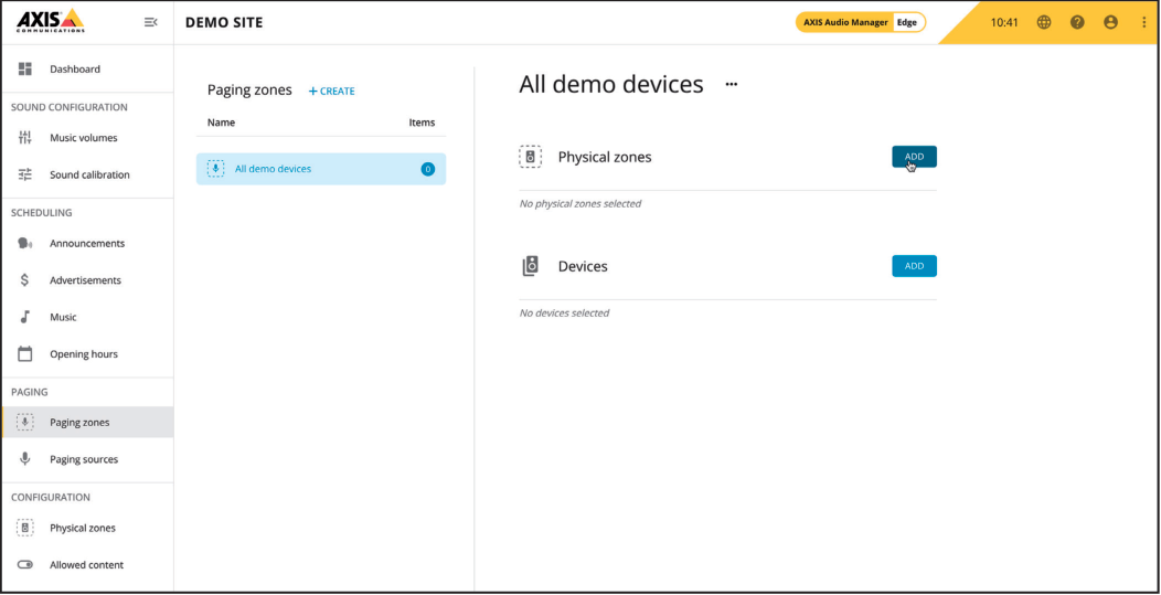 AXIS Audio Manager Edge - Add Physical Zone