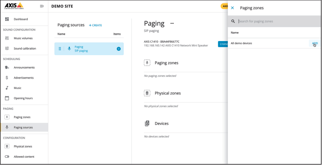 AXIS Audio Manager Edge - Select Paging Zone