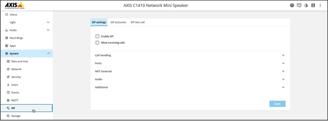AXIS System SIP Menu