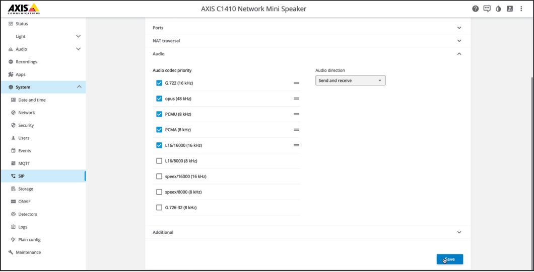 AXIS SIP Accounts Menu