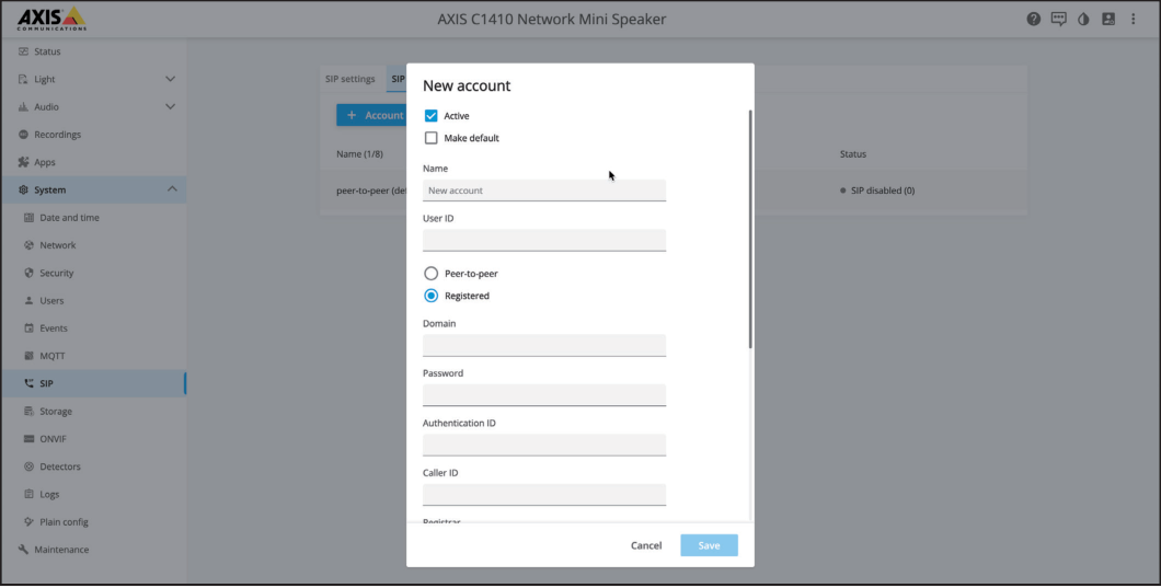 AXIS SIP Account Configuration