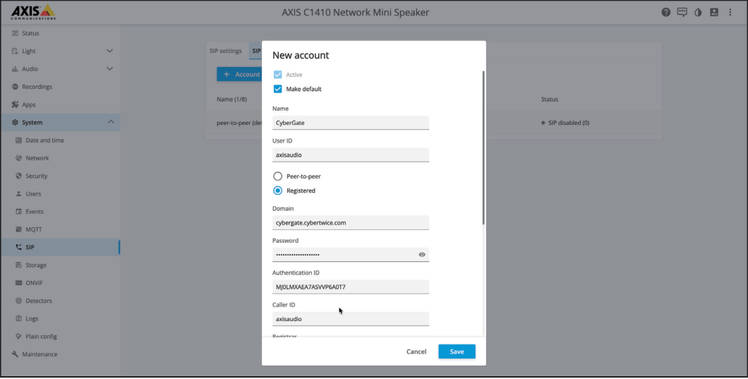 AXIS SIP Account Saved
