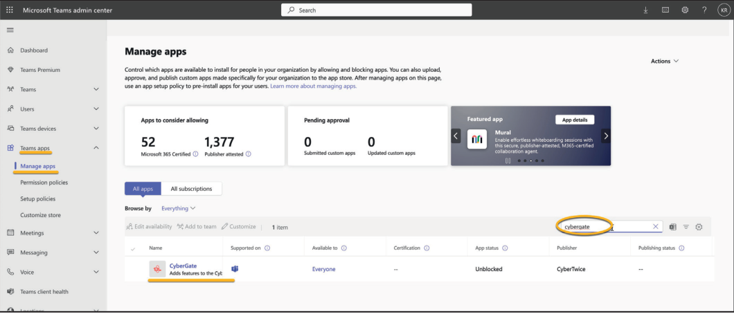 Microsoft Teams Admin Portal - Search for CyberGate