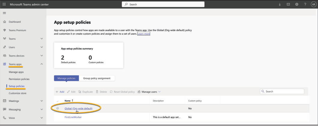 Microsoft Teams Admin Portal - Select Global Policy