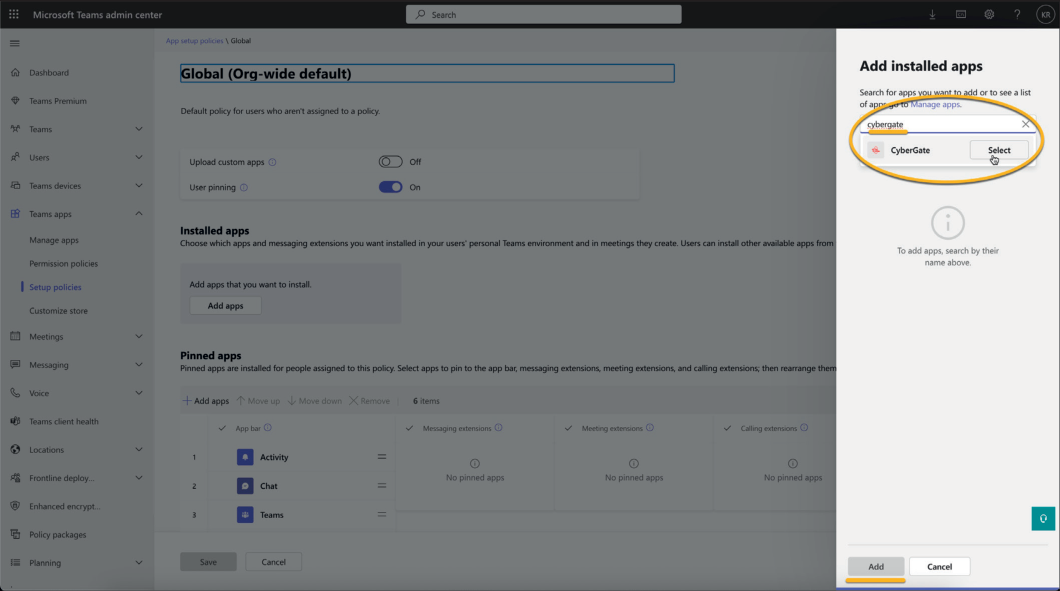 Microsoft Teams Admin Portal - Search and Select CyberGate