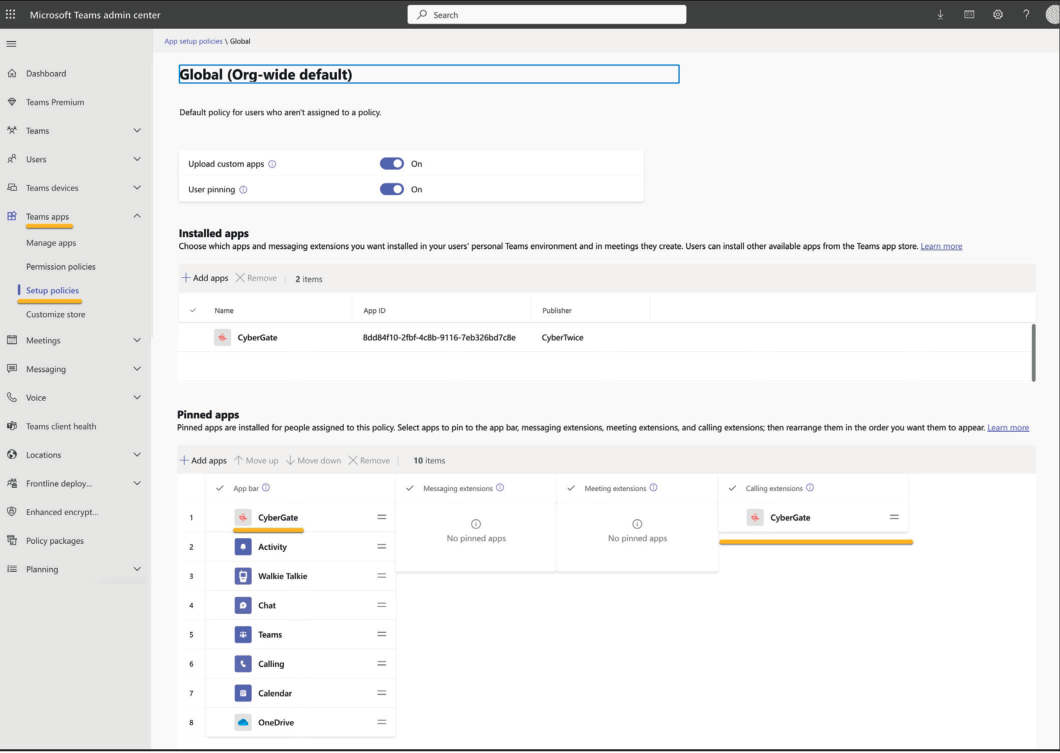 Microsoft Teams Admin Portal - CyberGate Successfully Pinned
