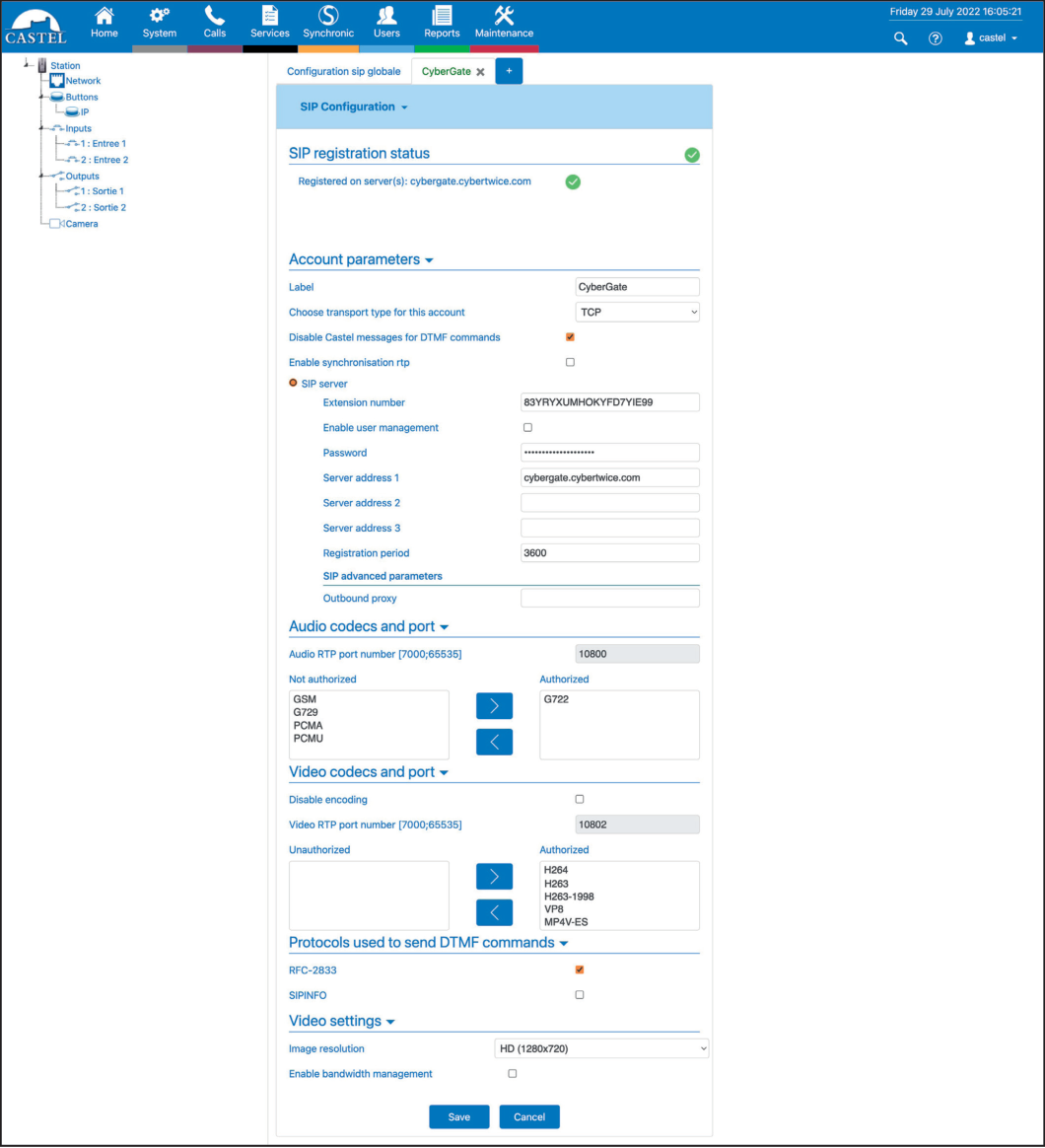 CASTEL SIP Account Configuration