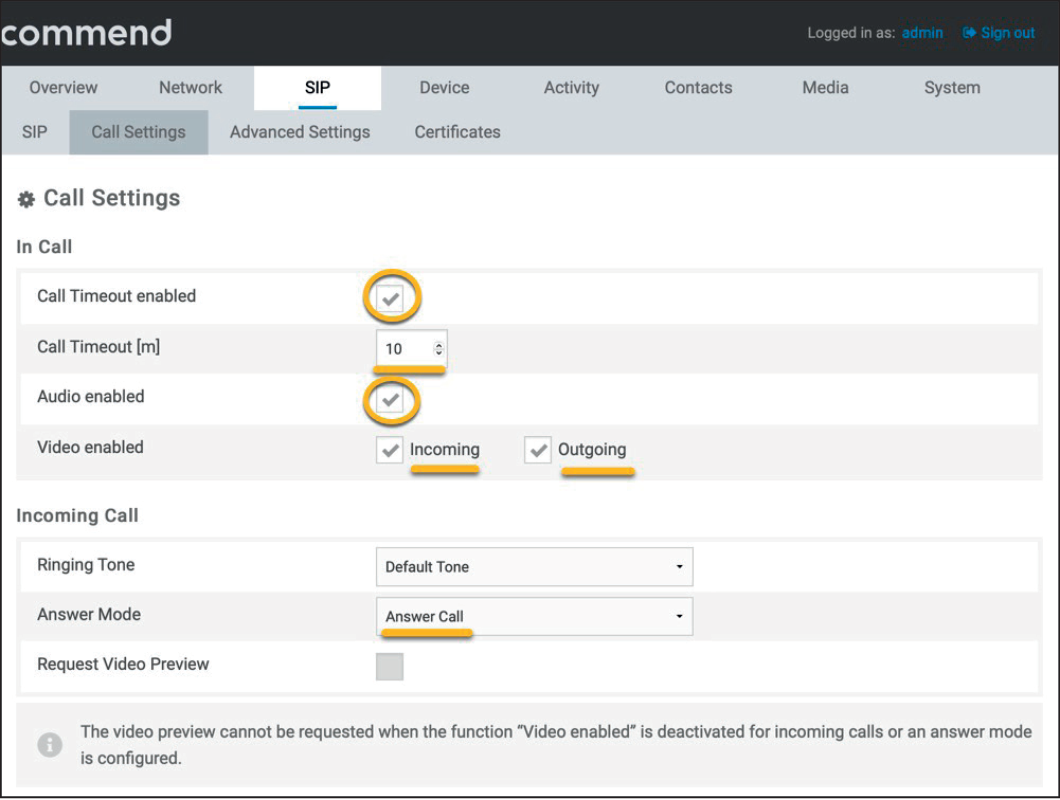 Commend Call Settings