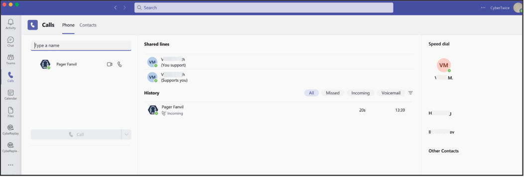 Teams Calls Menu - Search