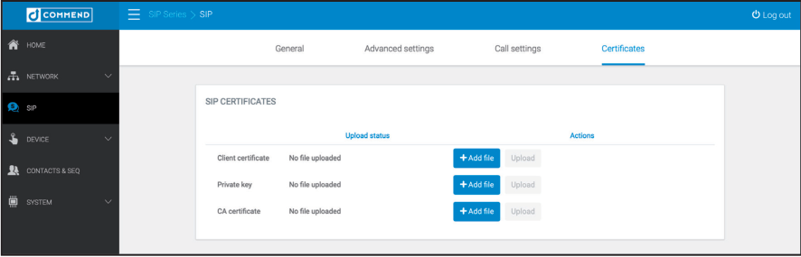 Commend SIP Certificates Menu