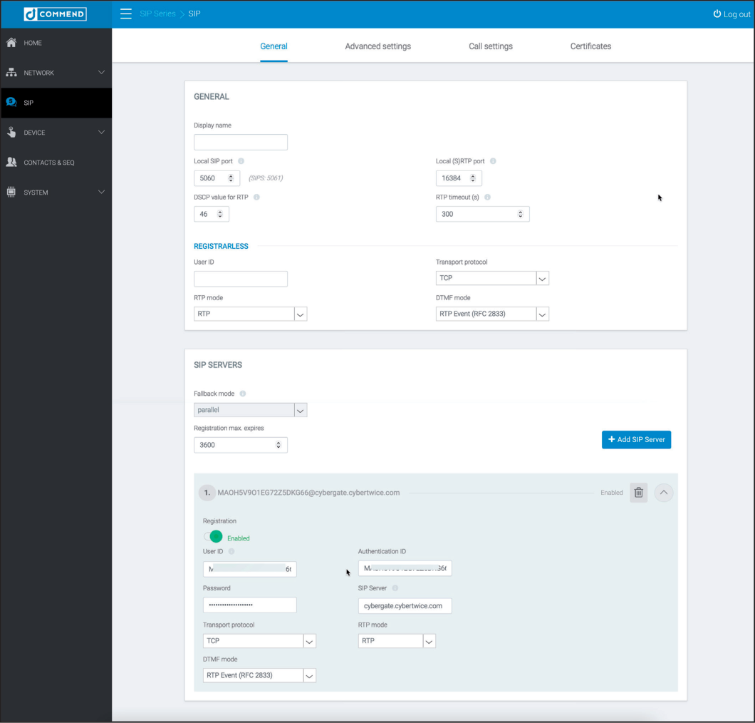 Commend SIP Server Configuration