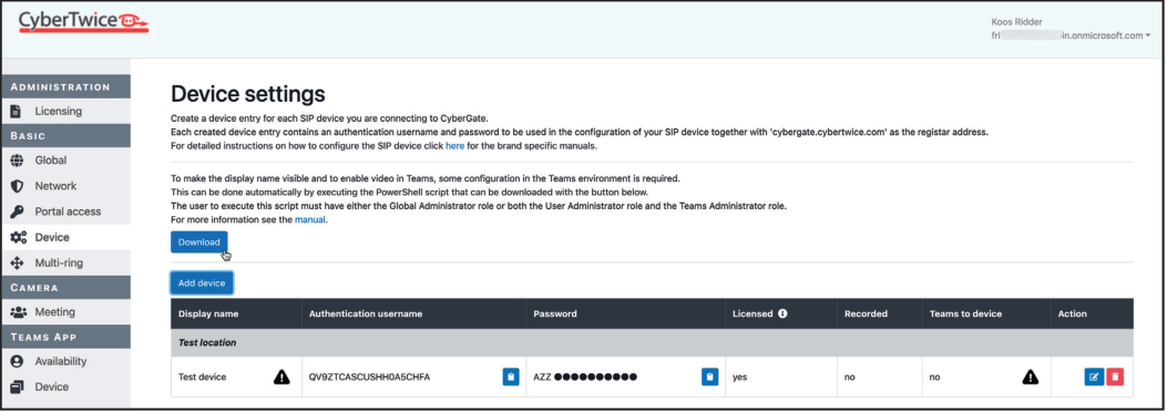 CyberGate Admin Portal - Device Settings
