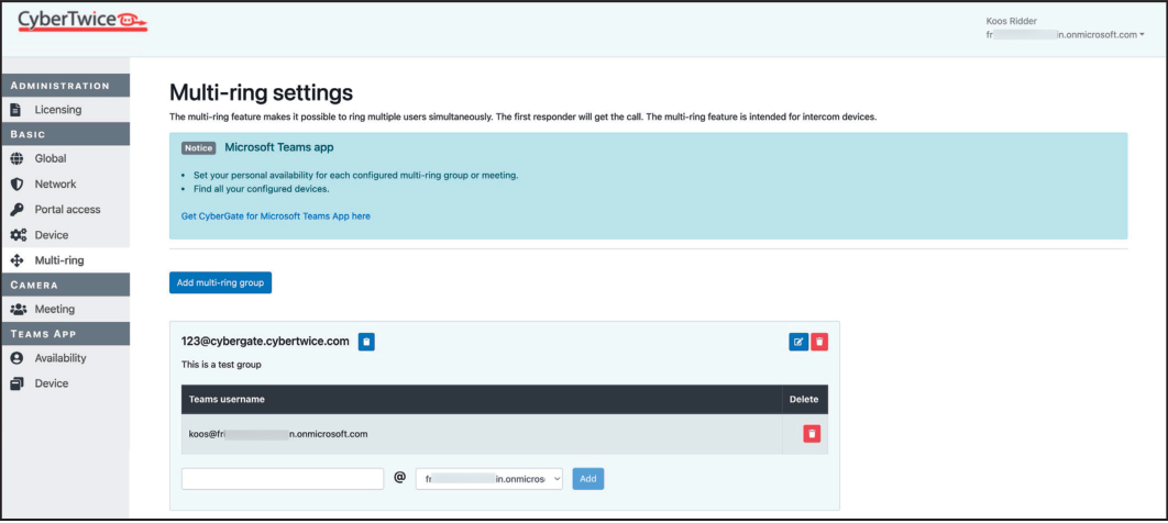 CyberGate Admin Portal - Multi-ring Group with User