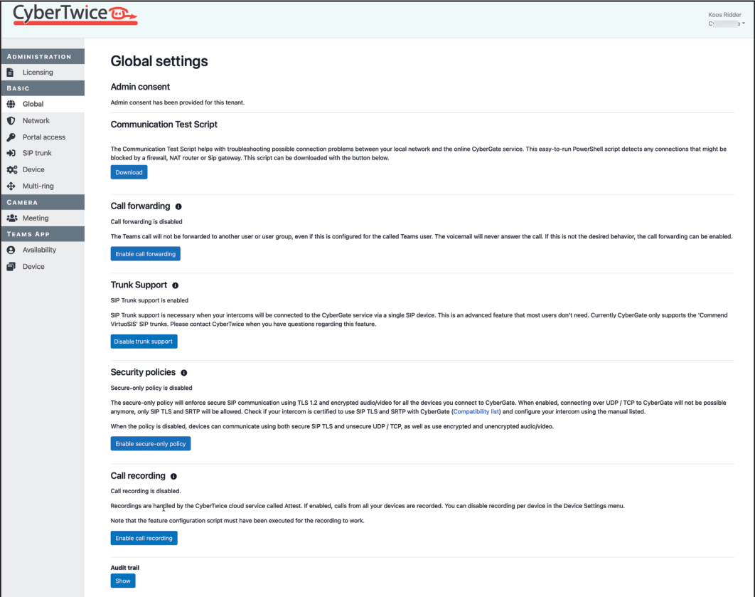 CyberGate Admin Portal - Enable Trunk Support
