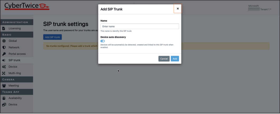 CyberGate Admin Portal - Add SIP Trunk Dialog