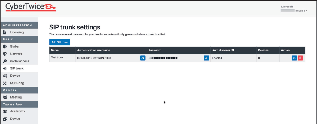 CyberGate Admin Portal - Generated SIP Trunk Credentials