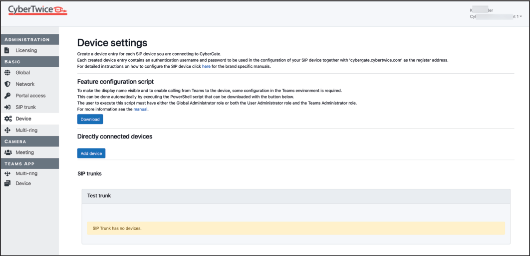 CyberGate Admin Portal - Device Settings