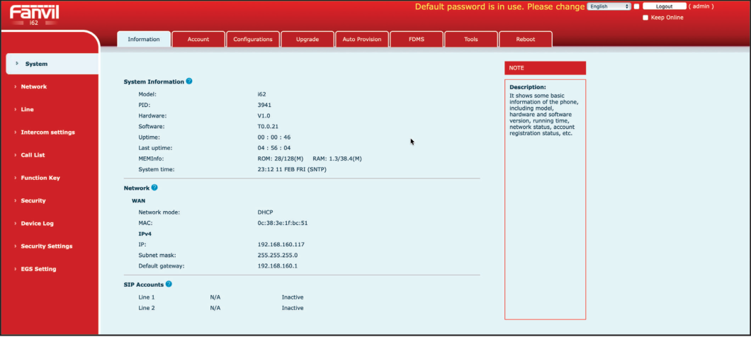 Fanvil System Information Menu