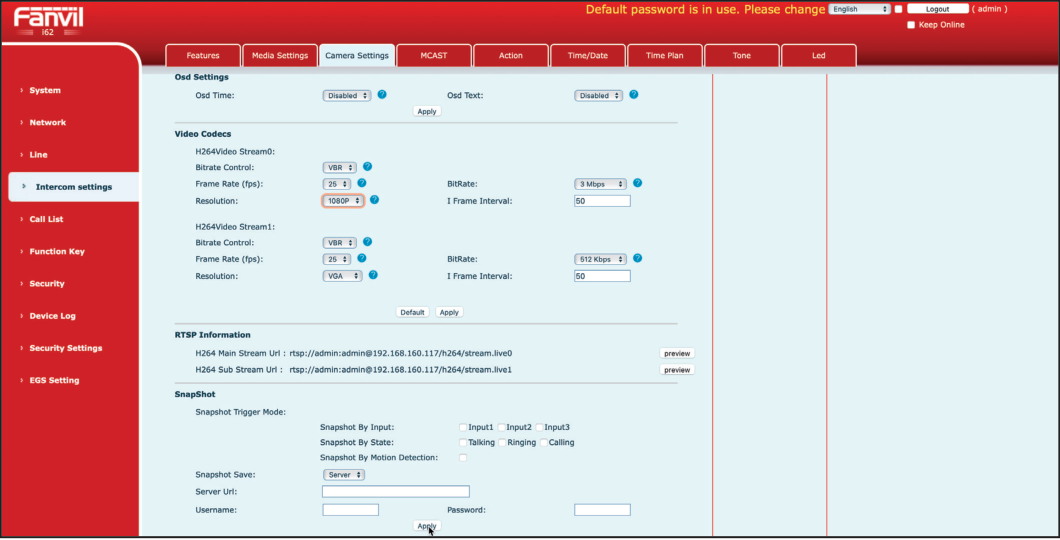 Fanvil Video Codec Configuration