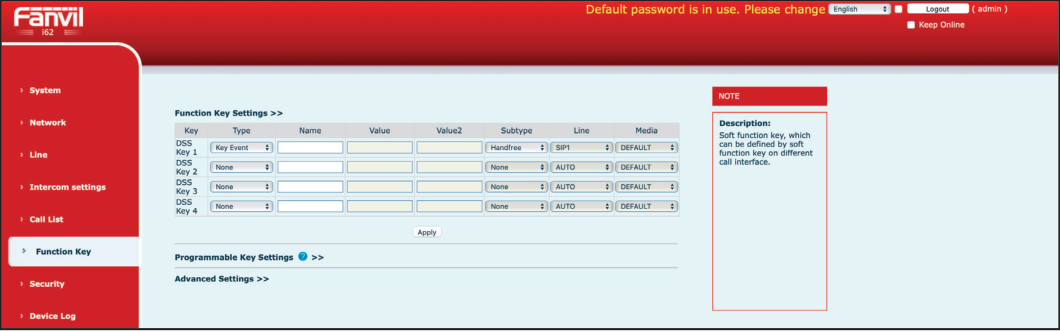 Fanvil Function Key Menu