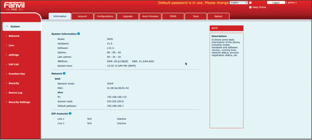 Fanvil System Information Screen