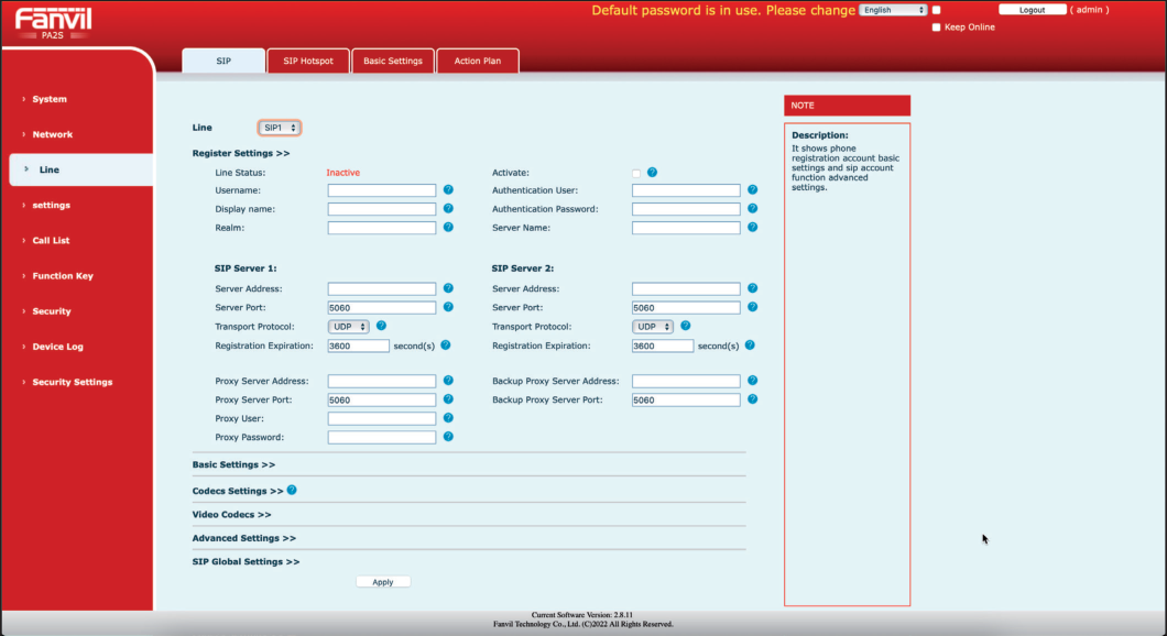 Fanvil Line-SIP Menu